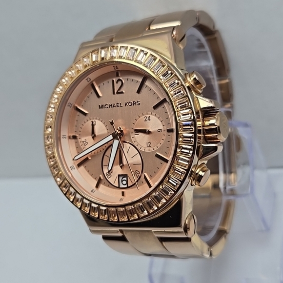 Michael Kors Dylan Rose Gold Chronograph Date Watch Baguette MK New Battery - Picture 2 of 10